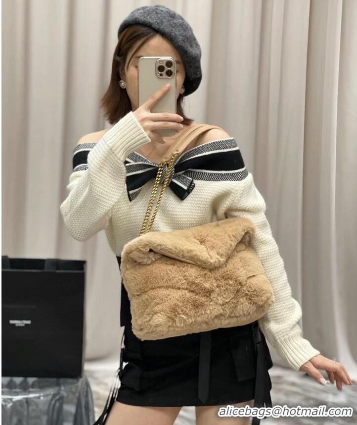 Famous Brand Yves Saint Laurent PUFFER BAG IN MERINO SHEARLING AND LAMBSKIN Y597476 NATURAL BEIGE