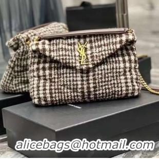 Super Quality Yves Saint Laurent PUFFER SMALL BAG IN CHECKED TWEED AND LAMBSKIN Y597476 BEIGE