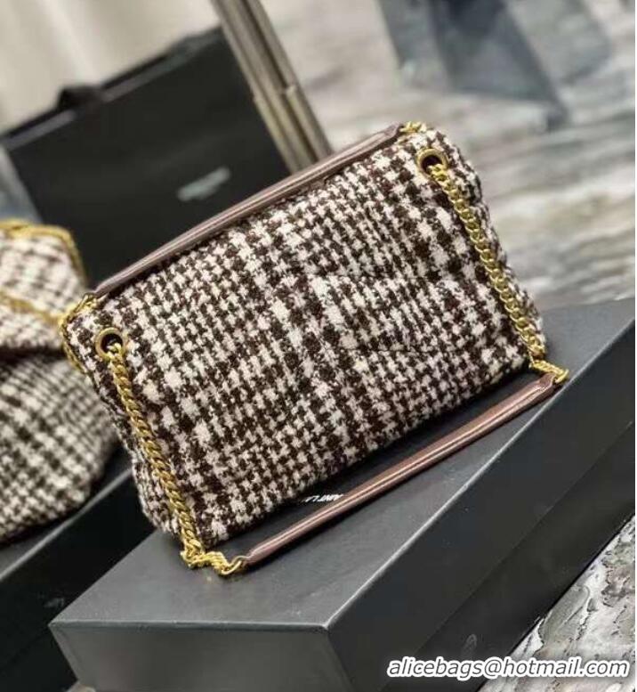 Super Quality Yves Saint Laurent PUFFER SMALL BAG IN CHECKED TWEED AND LAMBSKIN Y597476 BEIGE