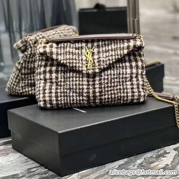 Super Quality Yves Saint Laurent PUFFER SMALL BAG IN CHECKED TWEED AND LAMBSKIN Y597476 BEIGE