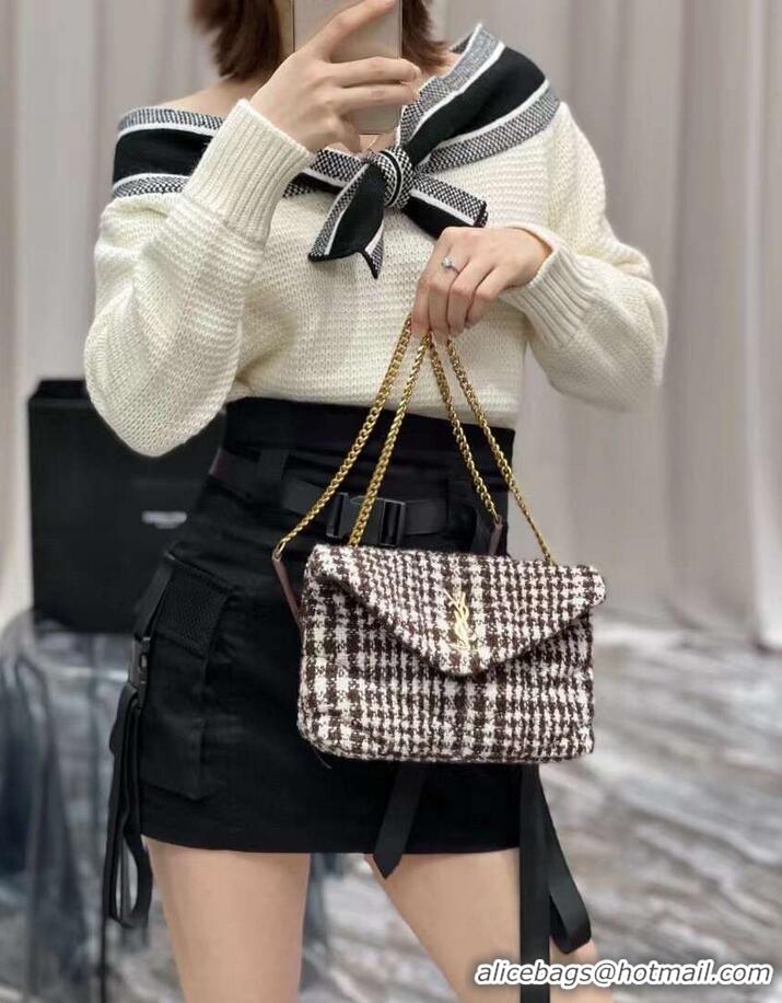 Super Quality Yves Saint Laurent PUFFER SMALL BAG IN CHECKED TWEED AND LAMBSKIN Y597476 BEIGE