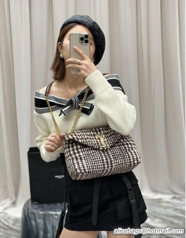 Super Quality Yves Saint Laurent PUFFER SMALL BAG IN CHECKED TWEED AND LAMBSKIN Y597476 BEIGE