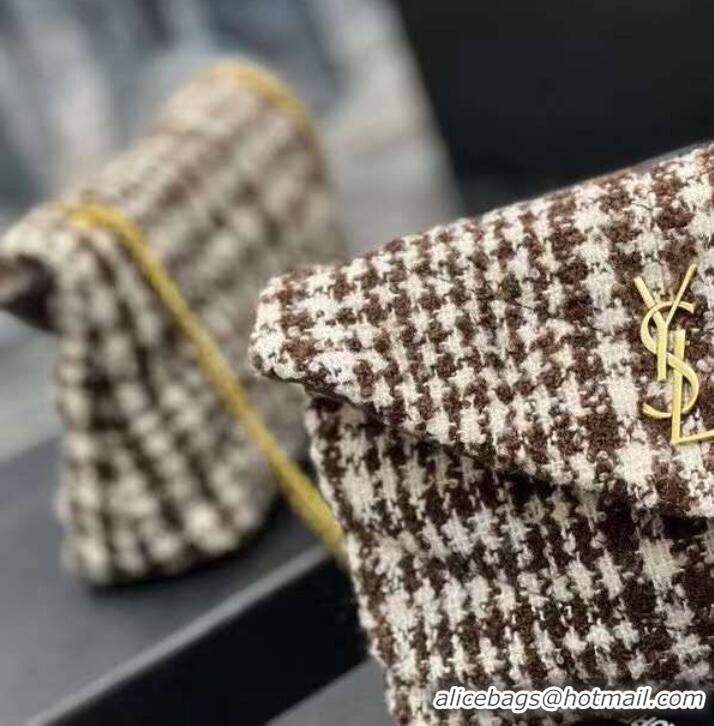 Good Product Yves Saint Laurent PUFFER SMALL BAG IN CHECKED TWEED AND LAMBSKIN Y597477 BEIGE