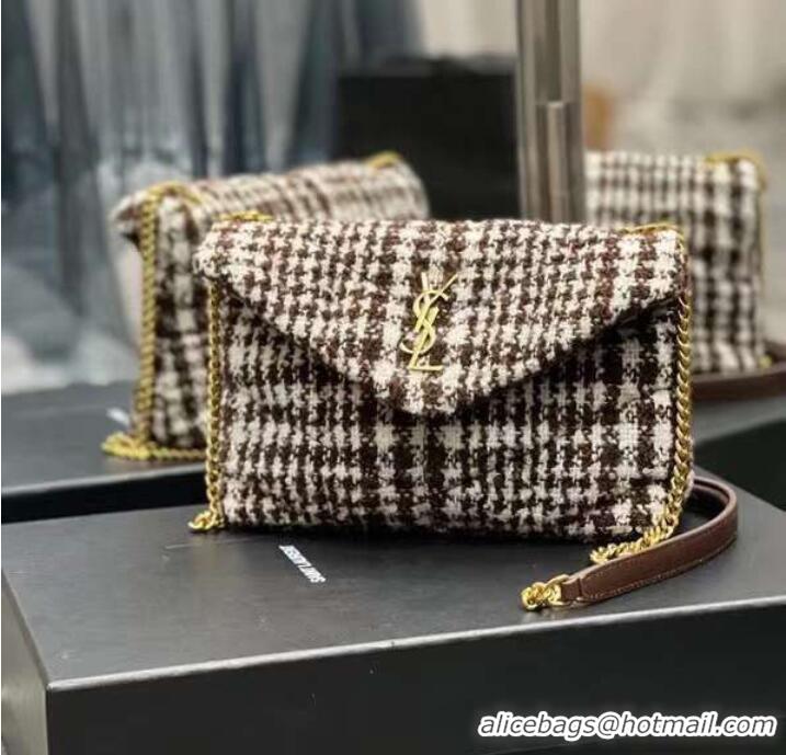 Good Product Yves Saint Laurent PUFFER SMALL BAG IN CHECKED TWEED AND LAMBSKIN Y597477 BEIGE