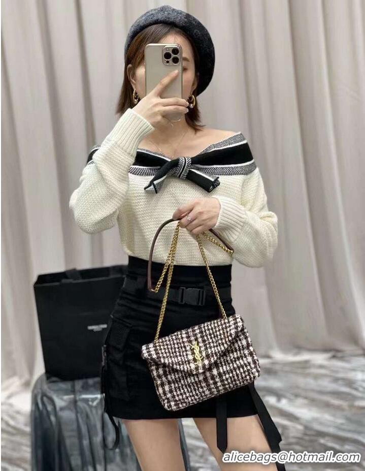 Good Product Yves Saint Laurent PUFFER SMALL BAG IN CHECKED TWEED AND LAMBSKIN Y597477 BEIGE