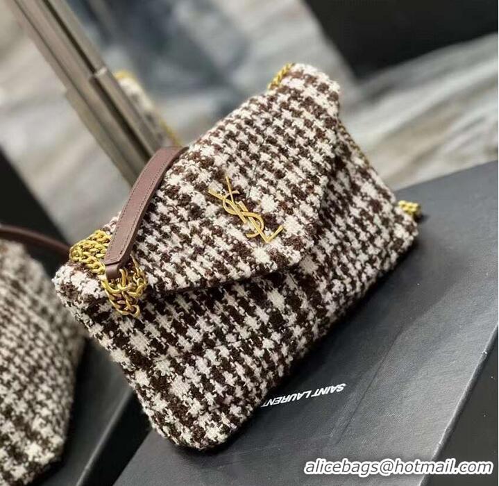 Good Product Yves Saint Laurent PUFFER SMALL BAG IN CHECKED TWEED AND LAMBSKIN Y597477 BEIGE