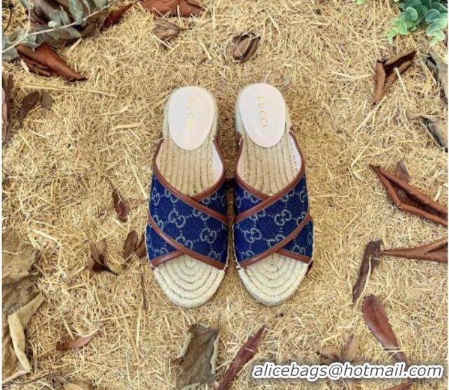 Charming Gucci GG Multicolor Denim Slide Espadrille Sandals 6cm 092740 Navy Blue