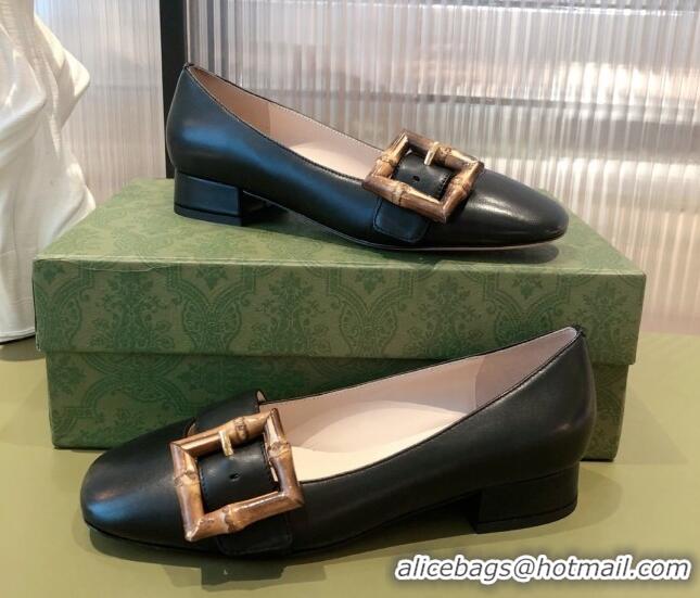 Classic Hot Gucci Leather Ballet Flat with Bamboo Buckle 092745 Black