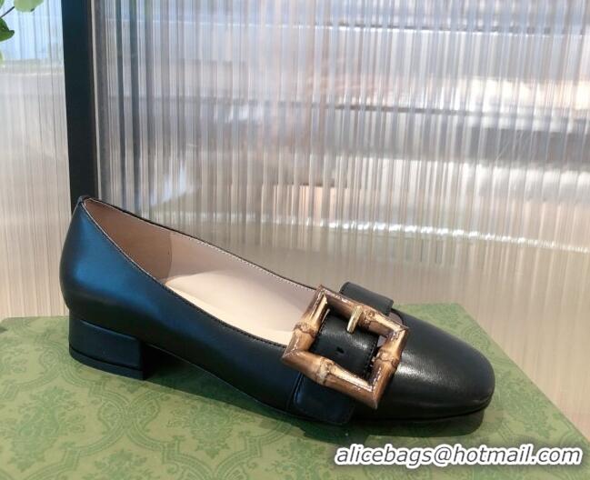 Classic Hot Gucci Leather Ballet Flat with Bamboo Buckle 092745 Black