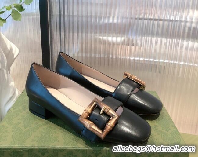 Classic Hot Gucci Leather Ballet Flat with Bamboo Buckle 092745 Black