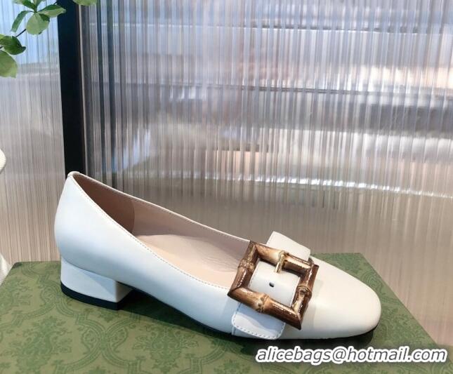 Unique Style Gucci Leather Ballet Flat with Bamboo Buckle 092745 White