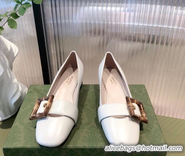 Unique Style Gucci Leather Ballet Flat with Bamboo Buckle 092745 White