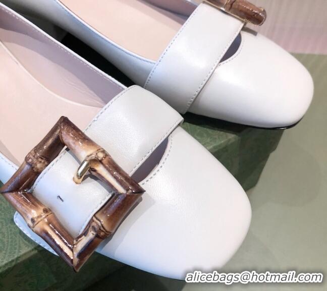 Unique Style Gucci Leather Ballet Flat with Bamboo Buckle 092745 White