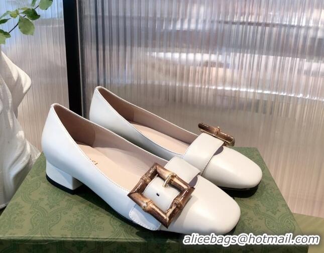 Unique Style Gucci Leather Ballet Flat with Bamboo Buckle 092745 White