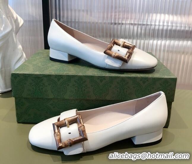 Unique Style Gucci Leather Ballet Flat with Bamboo Buckle 092745 White