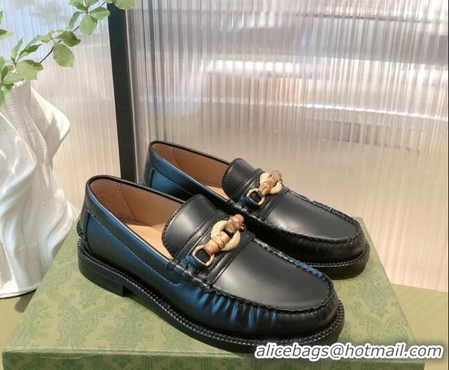 Good Looking Gucci Leather Loafer Flat with Bamboo Horsebit 092747 Black