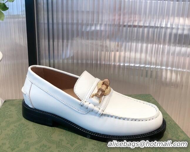 Pretty Style Gucci Leather Loafer Flat with Bamboo Horsebit 092747 White