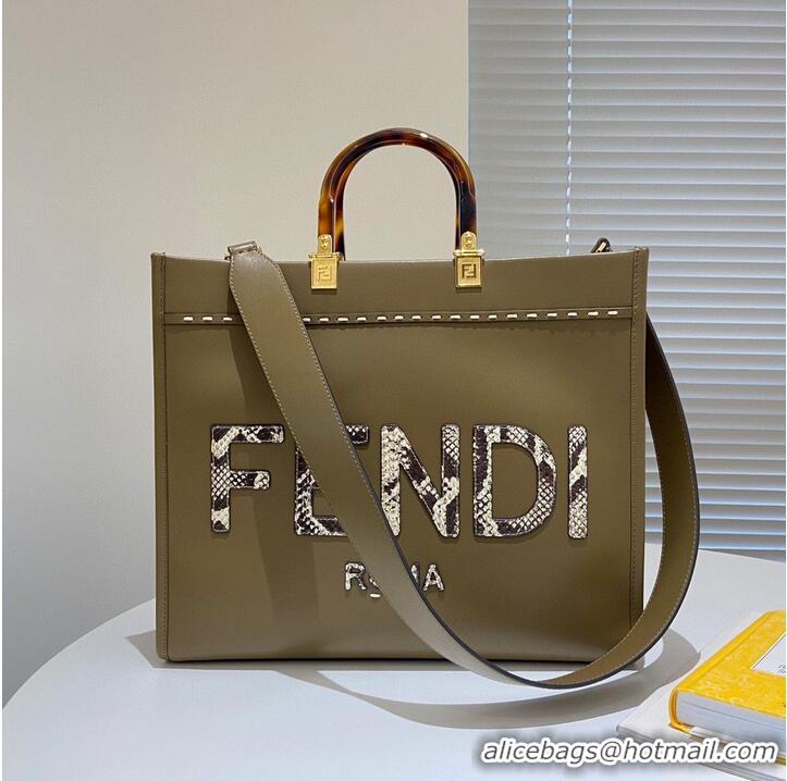 Luxury Discount FENDI SUNSHINE Medium Snakeskin Logo Flannel Togo shopper Bag 36553B Gray