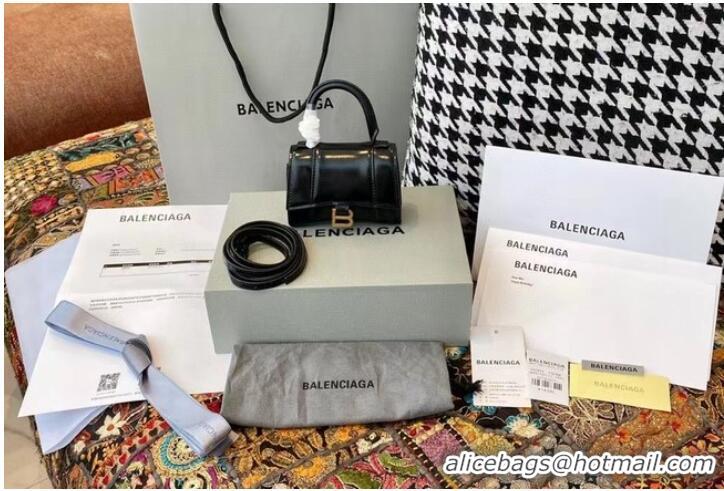 Famous Brand Balenciaga WOMENS HOURGLASS MINI TOP HANDLE BAG shiny box calfskin M8000 black