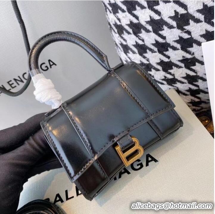 Famous Brand Balenciaga WOMENS HOURGLASS MINI TOP HANDLE BAG shiny box calfskin M8000 black