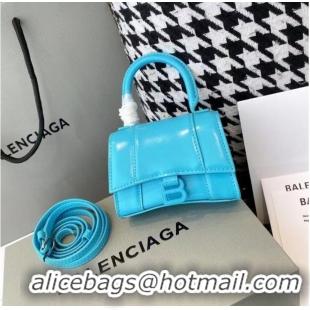 Top Quality Balenciaga WOMENS HOURGLASS MINI TOP HANDLE BAG shiny box calfskin M8000 blue