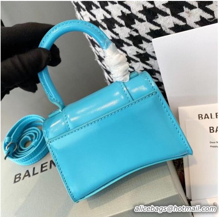 Top Quality Balenciaga WOMENS HOURGLASS MINI TOP HANDLE BAG shiny box calfskin M8000 blue