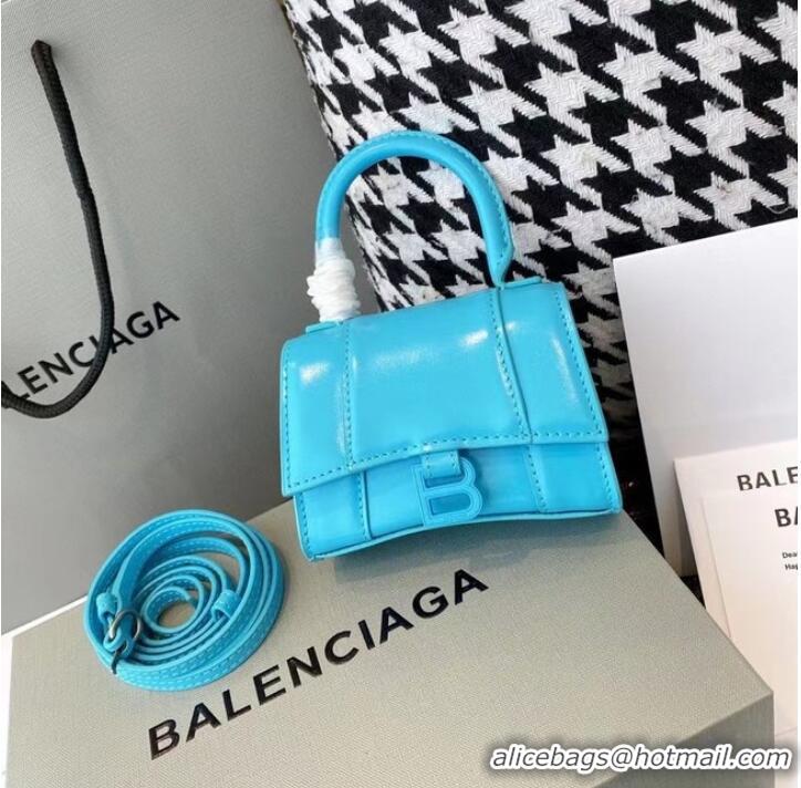 Top Quality Balenciaga WOMENS HOURGLASS MINI TOP HANDLE BAG shiny box calfskin M8000 blue