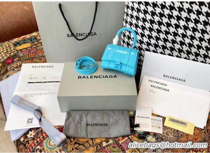 Top Quality Balenciaga WOMENS HOURGLASS MINI TOP HANDLE BAG shiny box calfskin M8000 blue