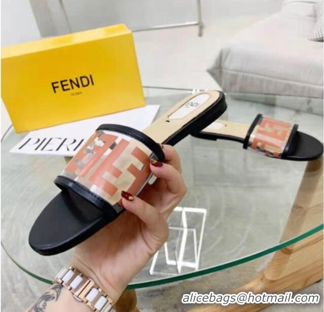 Fashion Fendi FF Transparent Flat Slide Sandals 091732 Brown