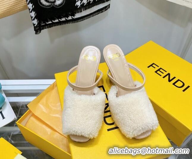 New Style Fendi First Shearling F High Heel Sandals 8cm 092438 White