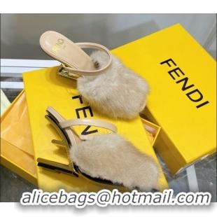 New Arrivals Fendi First Mink Fur F High Heel Sandals 8cm 092439 Beige