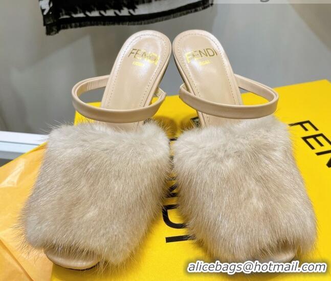 New Arrivals Fendi First Mink Fur F High Heel Sandals 8cm 092439 Beige