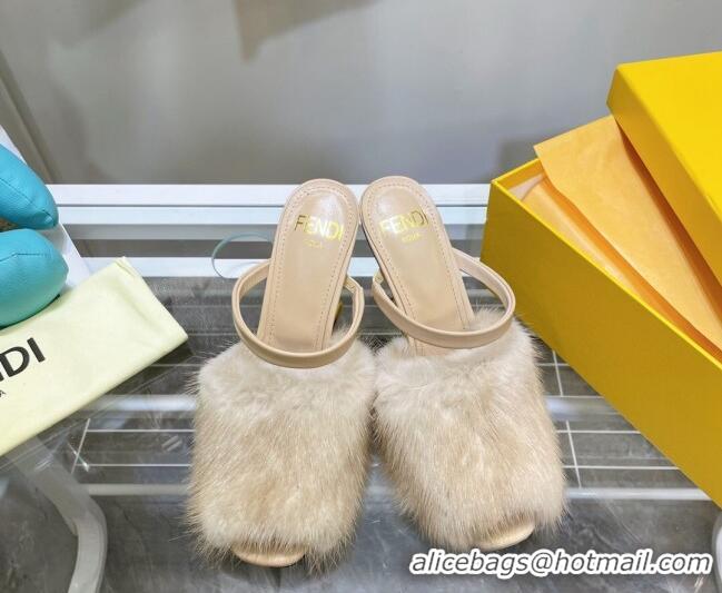 New Arrivals Fendi First Mink Fur F High Heel Sandals 8cm 092439 Beige