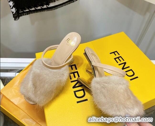 New Arrivals Fendi First Mink Fur F High Heel Sandals 8cm 092439 Beige