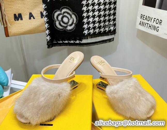 New Arrivals Fendi First Mink Fur F High Heel Sandals 8cm 092439 Beige