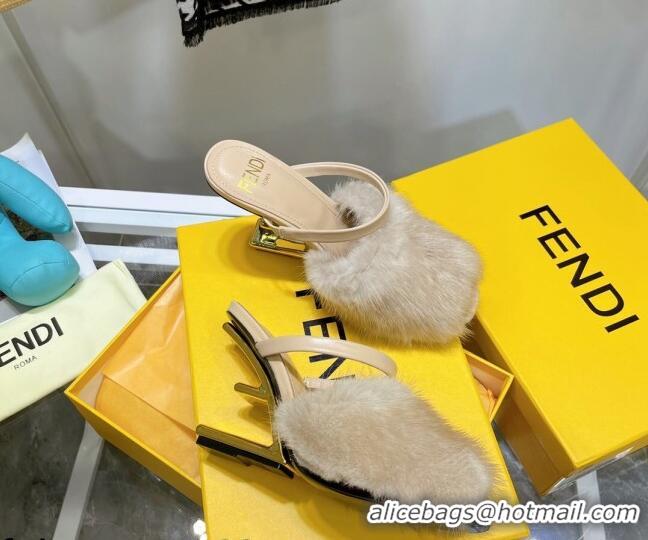 New Arrivals Fendi First Mink Fur F High Heel Sandals 8cm 092439 Beige