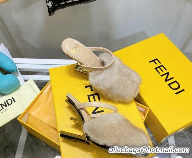 New Arrivals Fendi First Mink Fur F High Heel Sandals 8cm 092439 Beige