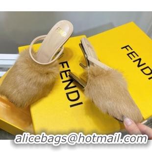 High Quality Fendi First Rabbit Fur F High Heel Sandals 8cm 092440 Camel Brown