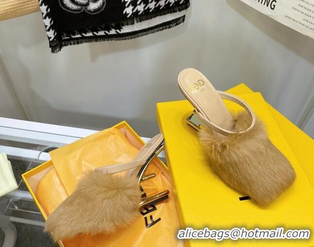 High Quality Fendi First Rabbit Fur F High Heel Sandals 8cm 092440 Camel Brown