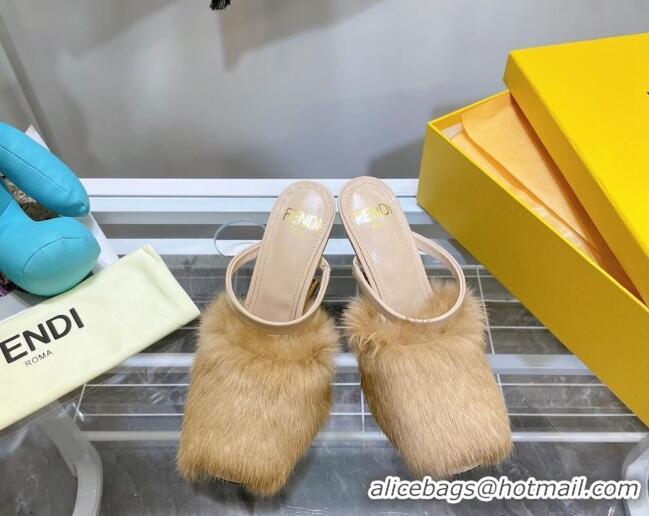 High Quality Fendi First Rabbit Fur F High Heel Sandals 8cm 092440 Camel Brown