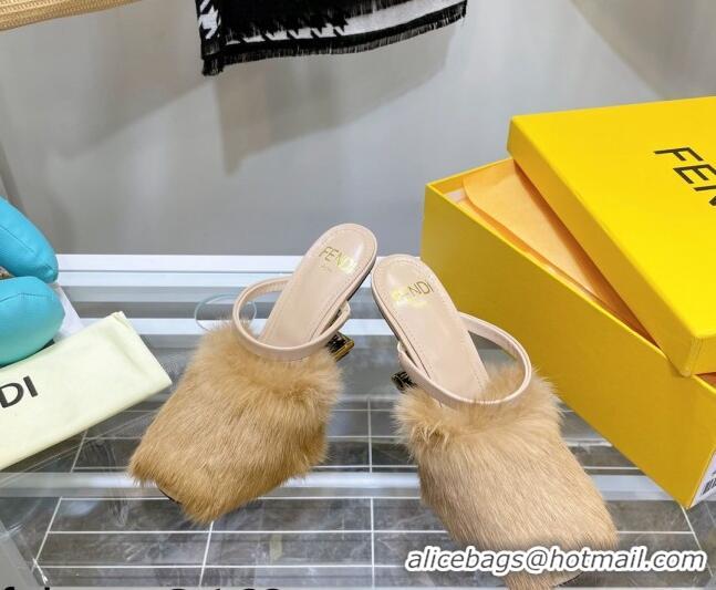 High Quality Fendi First Rabbit Fur F High Heel Sandals 8cm 092440 Camel Brown