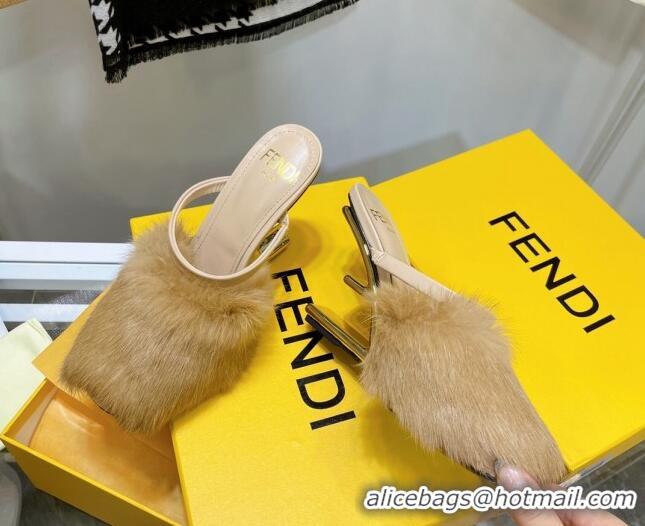 High Quality Fendi First Rabbit Fur F High Heel Sandals 8cm 092440 Camel Brown