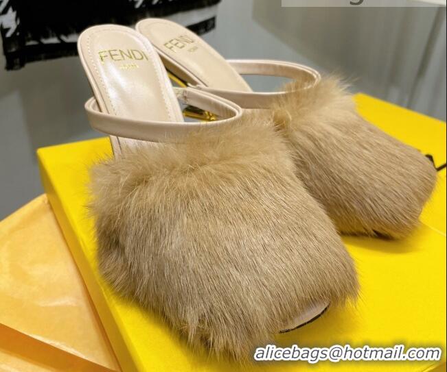 High Quality Fendi First Rabbit Fur F High Heel Sandals 8cm 092440 Camel Brown