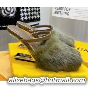 New Style Fendi First Rabbit Fur F High Heel Sandals 8cm 092441 Green