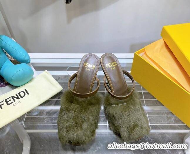 New Style Fendi First Rabbit Fur F High Heel Sandals 8cm 092441 Green