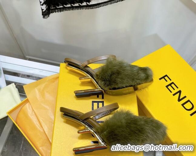 New Style Fendi First Rabbit Fur F High Heel Sandals 8cm 092441 Green