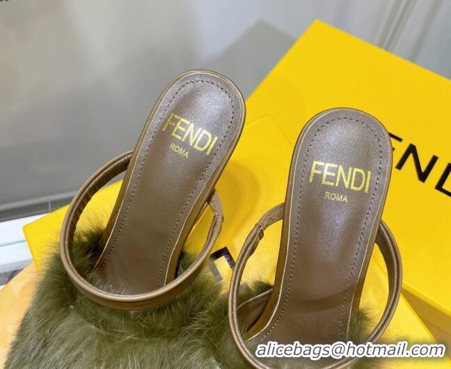 New Style Fendi First Rabbit Fur F High Heel Sandals 8cm 092441 Green