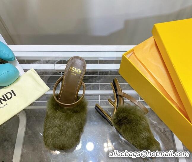 New Style Fendi First Rabbit Fur F High Heel Sandals 8cm 092441 Green