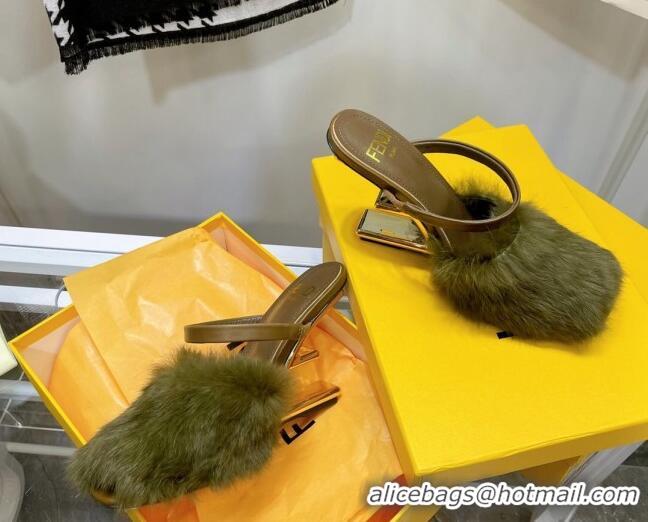 New Style Fendi First Rabbit Fur F High Heel Sandals 8cm 092441 Green