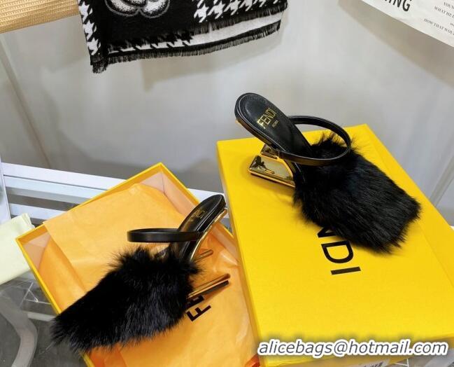 Top Quality Fendi First Rabbit Fur F High Heel Sandals 8cm 092442 Black